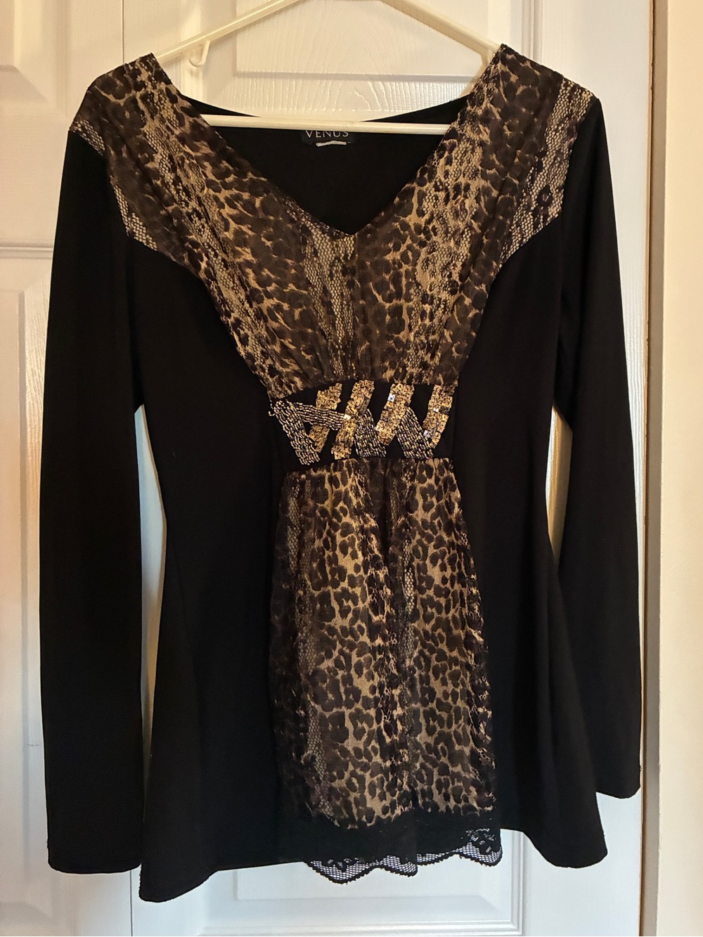 VENUS Black Top with Metallic Snake-Print Accents